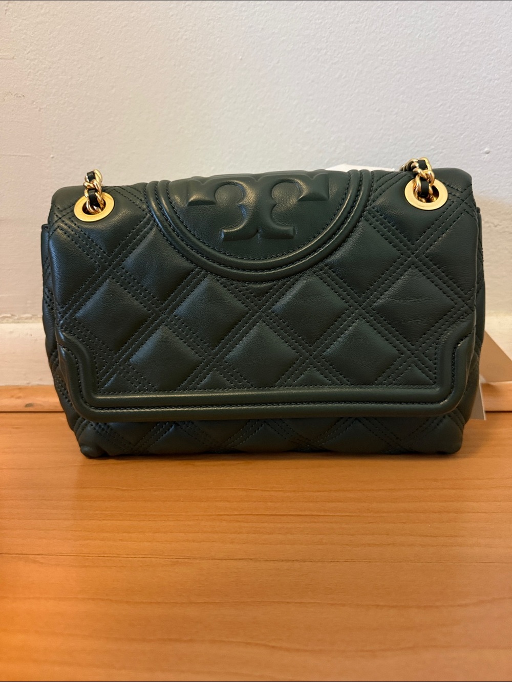 Quilted Shoulder Bag in Dark Green with Gold Hardware